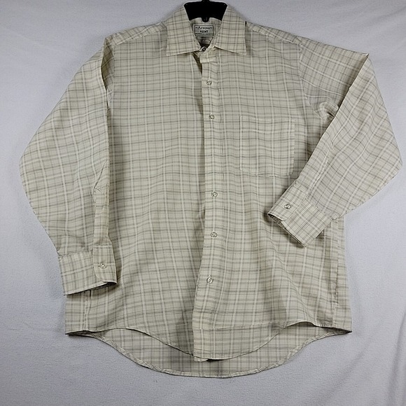 Vtg Arrow Kent Shirt‎ Mens 16 / 32 Poly / Cotton Beige Plaid Dagger Collar - Picture 2 of 8